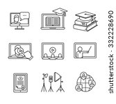Online seminar icons thin line art set. Webinar education and development. Black vector symbols isolated on white.