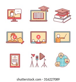 Online seminar icons thin line set. Webinar education and development. Flat style color vector symbols isolated on white.