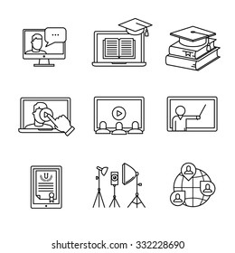 Online seminar icons thin line art set. Webinar education and development. Black vector symbols isolated on white.
