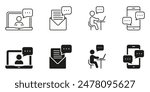 Online Seminar Line and Silhouette Icon Set. Team Connection Symbol Collection. People Communication At Work Conference Sign. Teamwork Black Pictogram. Isolated Vector Illustration.