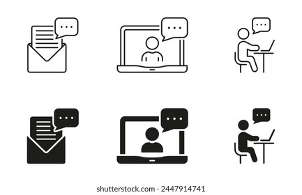 Online Seminar Line and Silhouette Icon Set. Distance Education Symbol Collection. People Use Laptop For Webinar Black Pictogram. Video Conference, Remote Work Sign. Isolated Vector Illustration.