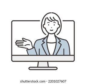 Online seminar. PC and young female lecturer.