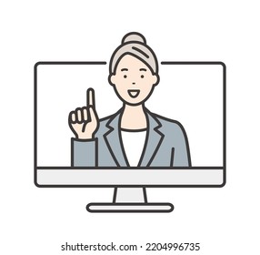 Online seminar. PC and young female lecturer.