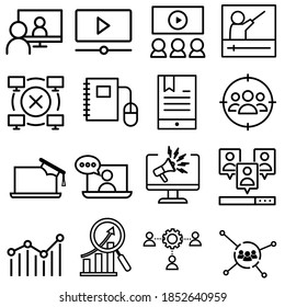 Online seminar vector icon set. web training illustration sign. network marketing symbol.