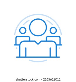 
Online seminar vector line icon. Digital conference training with increasing worker professionalism. Abstract characters sit at tables. Remote learning university with discussion of new lecture.
