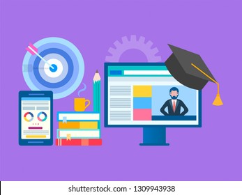 Online seminar, webinar, workshop concept. Web education, online training, Professor teaches on the Internet. Studying foreign languages. Vector illustration for social media marketing and blogging.