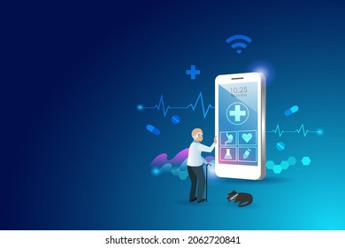 Online Senior Health Care, Virtual Hospital And Online Consultation. Elderly Man Using Medical App On Smart Phone Consult Health Problem With Doctor. Medical And Healthcare Technology Concept.