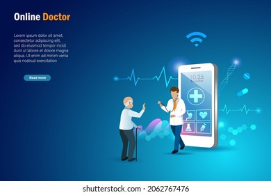 	
Online senior health care, virtual hospital and online consultation. Elderly man using medical app on smart phone consult health problem with doctor. Medical and healthcare technology concept.