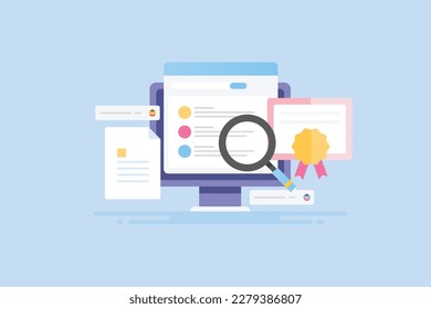 Cursos de SEO en línea, certificación SEO en línea, Venta de contenido digital en Internet - diseño plano ilustración vectorial con iconos