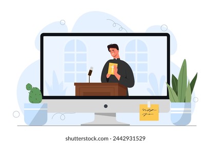 Online sermon concept. Man in black robe with holy book. Belief and faith. Religion occupation. Video conference in social networks. Cartoon flat vector illustration isolated on white background