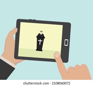 Online Sermon On Tablet, Remote View Vector Illustration
