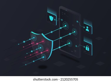 Online servers protection. Antivirus and programs to protect personal data from hackers and hackers. Special software. Digital world and danger. Convenient application. Isometric vector illustration