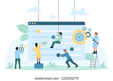 Online service for account or computer system customization vector illustration. Cartoon tiny people control and edit settings with sliders and toggles, work of admins from technical support