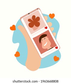 Aplicación de servicio en línea. Mano sosteniendo un smartphone con perfiles carismáticos de hombre y flores, que han sido apreciados. 
Concepto de medios sociales, comunicación de relaciones virtuales.