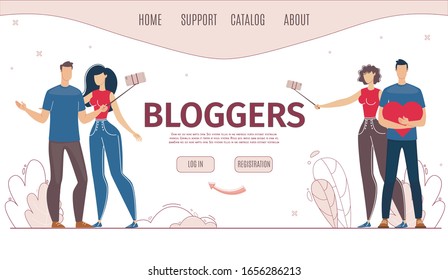 Online Service for Blogging, internet Startup for Bloggers Web Banner, Landing Page Template. Man and Woman Social Network User, Blogger or Streamer with Cellphone Trendy Flat Vector Illustration