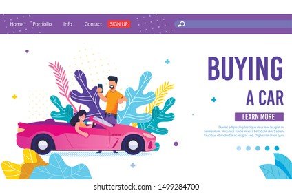 Online Service for Buying Car Flat Landing Page. Cartoon Woman Riding New Car and Man Holding Phone Using Application for Searching Automobile. Vector Illustration in Trendy Foliage Design