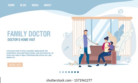 Online Service for Calling Family Doctor to Home. Landing Page Trendy Flat Design. Cartoon Podiatrist Visiting Sick Child for Disease Detection and Treatment. Therapist House Call. Vector Illustration