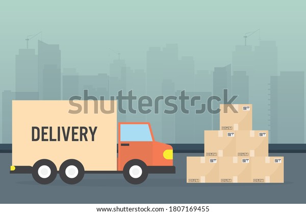 Online service concept, online delivery order\
tracking,home and office. truck van courier, food online ordering.\
for goods box.