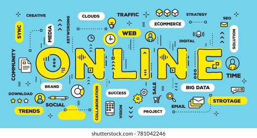 Online service concept. Vector creative illustration of online yellow word lettering typography with line icons and tag cloud on green background. Thin line art style design for business web banner