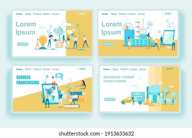 Online Service Development under Business Franchise. Small Enterprise, Corporate, Store or Mobile App Started with Licensed Intellectual Property. Advertising Landing Page Set. Vector Illustration