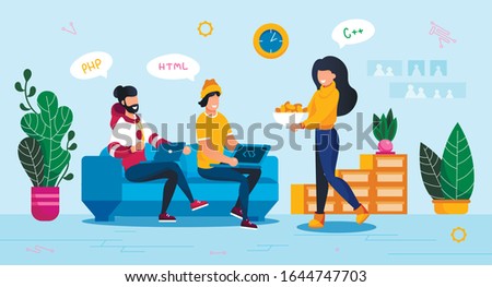 Online Service, Digital Startup Launch Planning Trendy Flat Vector Concept. Female and Male Freelance Programmers, Software Developers Gathering at Home for Cooperative Work on Project Illustration