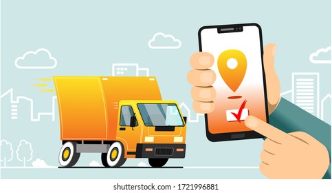 Online service of fast delivery to a smartphone; truck with order delivery. Man tracking an order using his smartphone, a city street in the background; logistics and technology concept.