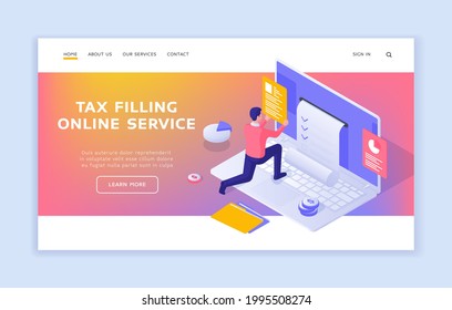 Online Service For Filling Out Tax Information. Man Submits Business Report On Website. Digital Government Application. Web Bookkeeping Department. Vector Landing Page Isometric Template