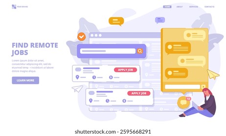 Online service for freelancers, find jobs and projects, hire remote workers. Flat design concept with characters for landing page. Vector illustration for website, banner, print.