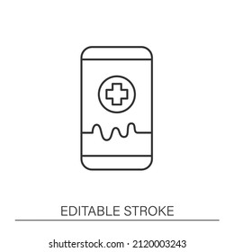 Online Service Line Icon. Medical Care. Health Control By Smartphone. Virtual Ambulance Call Service. Telehealth Concept. Isolated Vector Illustration. Editable Stroke