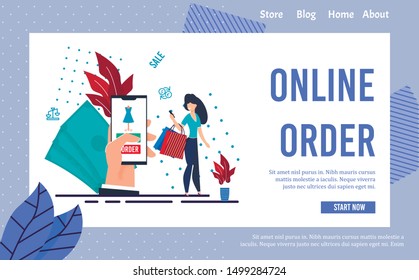 Online Service to Make Clothes Order. Flat Landing Page in Frame Design. Cartoon Pretty Woman Using Smartphone for Shopping and Payment. Huge Human Hand with Mobile. Money Cash. Vector Illustration