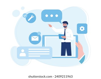 online service management or customer support via chat trending concept flat illustration