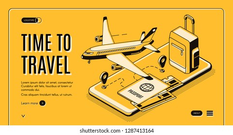 Online service, mobile app for travelers and tourists isometric vector web banner. Flying passenger airplane, baggage bag, airline tickets, traveling route on cellphone screen line art illustration