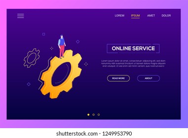 Online service - modern isometric vector web banner on purple background with copy space for text. High quality website header with a male worker, manager standing on a big gear ready to fix a problem