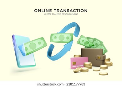 Online service money transaction business banner. Mobile phone with arrows template and transfer paper currency into wallet. Vector illustration