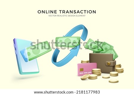 Online service money transaction business banner. Mobile phone with arrows template and transfer paper currency into wallet. Vector illustration