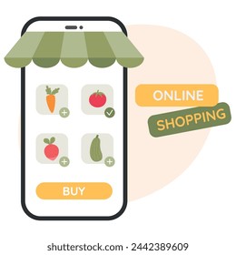 Online service on phone screen for buying vegetables. Phone application. Online shopping concept. Vector illustration in flat style
