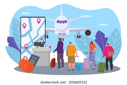 Online service for plane travel, vector illustration. Flat people character wait for trip, tourism journey business design concept.