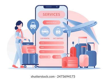Online service or platform at the airport. Online ordering taxi, booking car rental, safe deposit for the luggage. Young lady pushing trolley with suitcases. Mobile application template. Vector.