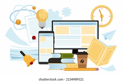 Online Service Or Platform For Online Education, Distance Education, Scientific Research, Internet Publishing, Blog, Review And Library. Flat Vector Illustration.