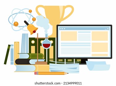 Online Service Or Platform For Online Education, Distance Education, Scientific Research, Internet Publishing, Blog, Review And Library. Flat Vector Illustration.