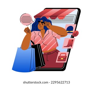 Online service or platform. Girl makes purchases in online fashion store or boutique. Character using remote shopping app on smartphone. Cartoon flat vector illustration isolated on white background