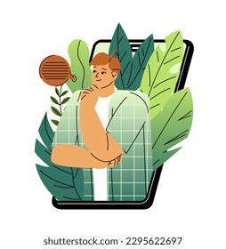 Online service or platform. Happy pensive man peeking out of smartphone screen and thinking. Character uses applications and websites. Cartoon flat vector illustration isolated on white background