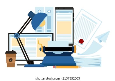 Online service or platform for journalism, online publications, blogs, reviews and libraries. Typewriter on the background of a computer and phone. Flat vector illustration.