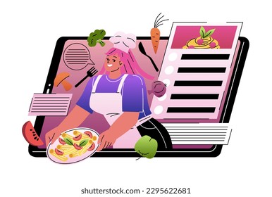 Online service or platform. Smiling woman peeking out from digital tablet screen with delicious food recipe. Online cooking show. Cartoon flat vector illustration isolated on white background