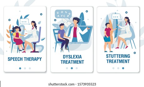 Online Service For Speech Therapy, Dyslexia And Stuttering Treatment Mobile Flat Landing Page Set. Medical Wepages For Social Media Network. Therapist Working With Kids. Vector Cartoon Illustration