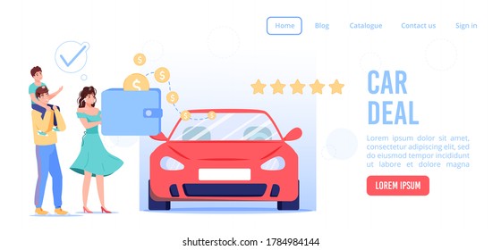 Online Service For Successful Car Deal Landing Page. Family Couple Children Making Auto Rental, Carpool, Carsharing Agreement Paying Via E-wallet. Internet Automotive Showroom Digital Application