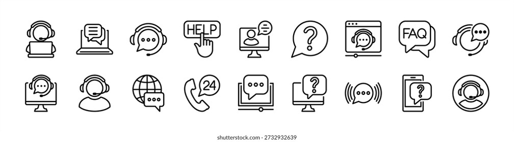 Conjunto de ícones de linha fina de suporte e serviço online. Tecnologia de comunicação e mídias sociais. Contém assistente, ajuda, call center 24 horas, perguntas frequentes, help desk, chat ao vivo, assistência técnica. Ilustração vetorial