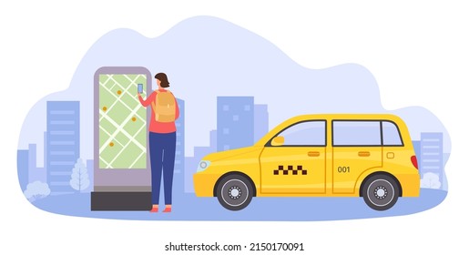 Aplicación de taxi de servicio en línea con ubicación de mapa. Taxi de aplicación de vectores en línea, transporte de coche de ubicación de aplicación, ilustración de viaje móvil de servicio