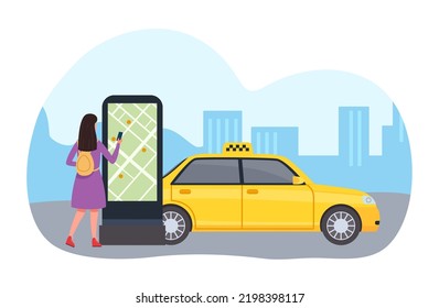 Online service taxi application with map location. App car online, mobile service cab. Vector illustration