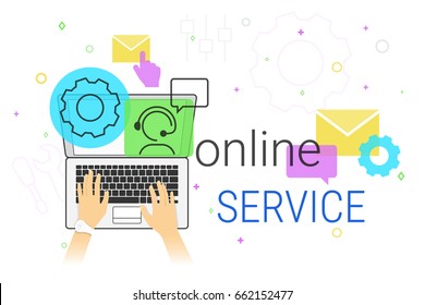 Online service and technical support on laptop concept vector illustration. Human hands typing on laptop keyboard for settings maintenance and online feedback support. Creative promo banner for tech